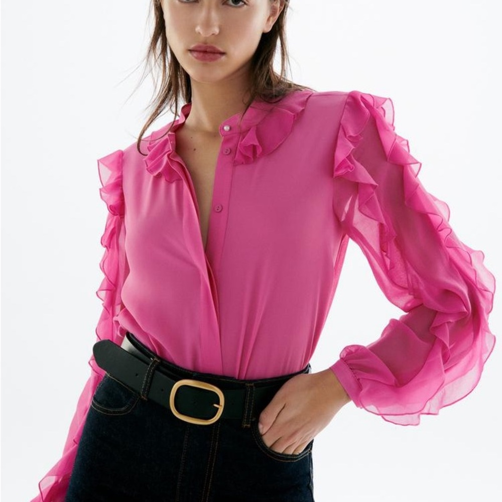 ZARA Pink Ruffled Peter Pan Sheet Collar Blouse - Small - NWT